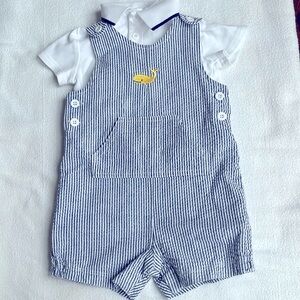 Little Me 9m shorts romper with polo shirt, blue and white with whale
